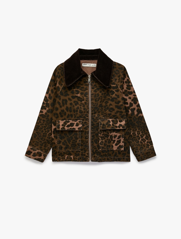 Kız Çocuk Pamuklu Polo Yaka Leoparlı Oversize Mevsimlik Ceket