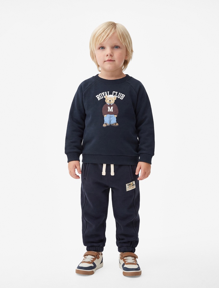 Erkek Bebek Uzun Kollu Bisiklet Yaka Şardonlu Ayıcık Baskılı Sweatshirt