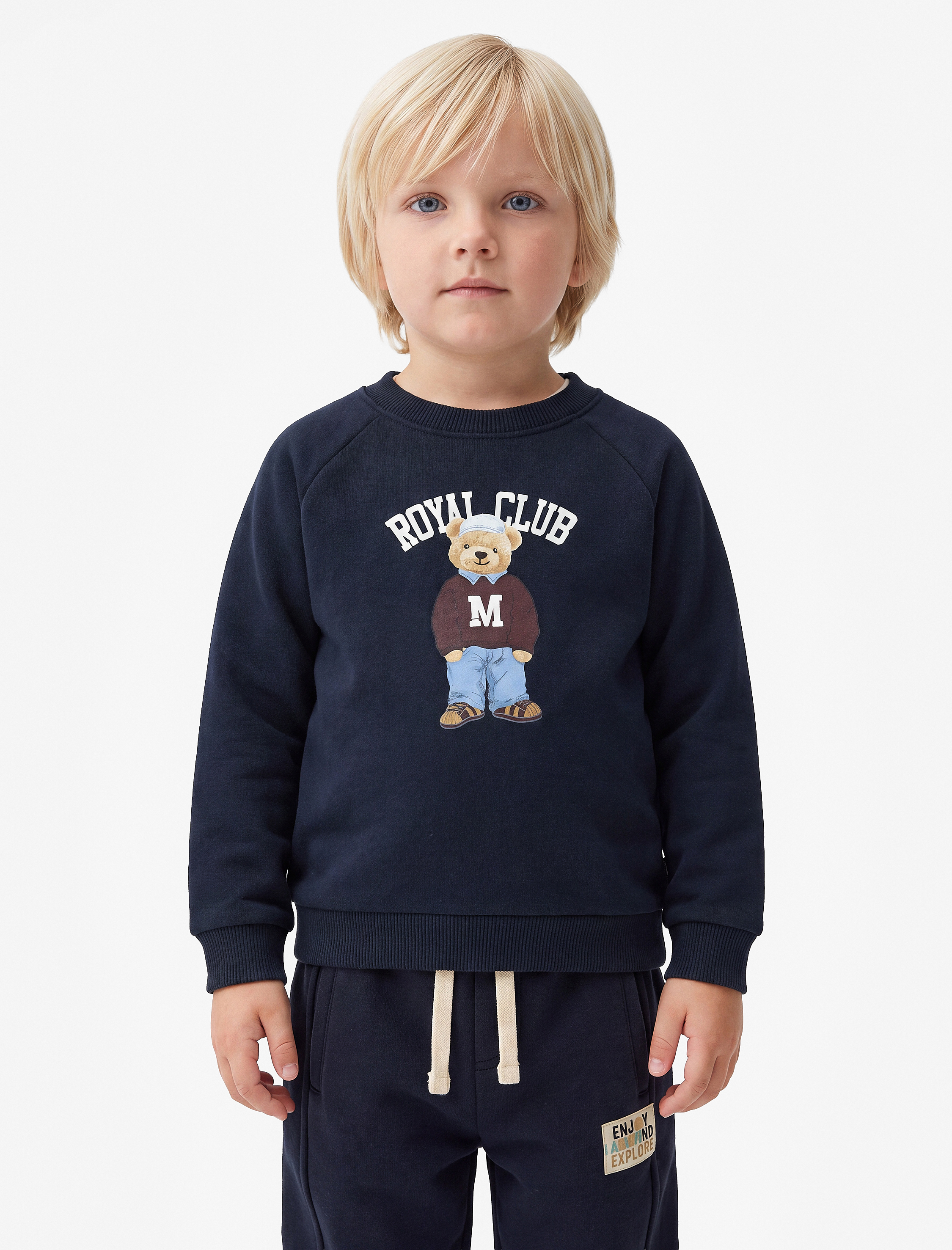  Erkek Bebek Uzun Kollu Bisiklet Yaka Şardonlu Ayıcık Baskılı Sweatshirt