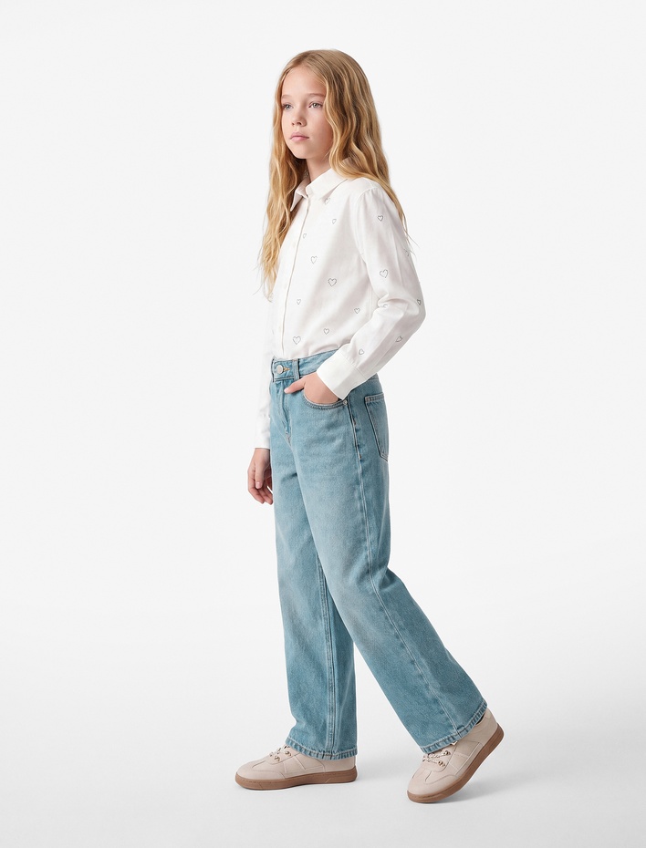 Kız Çocuk Pamuklu Cepli Loose Fit Geniş Paça Denim Pantolon