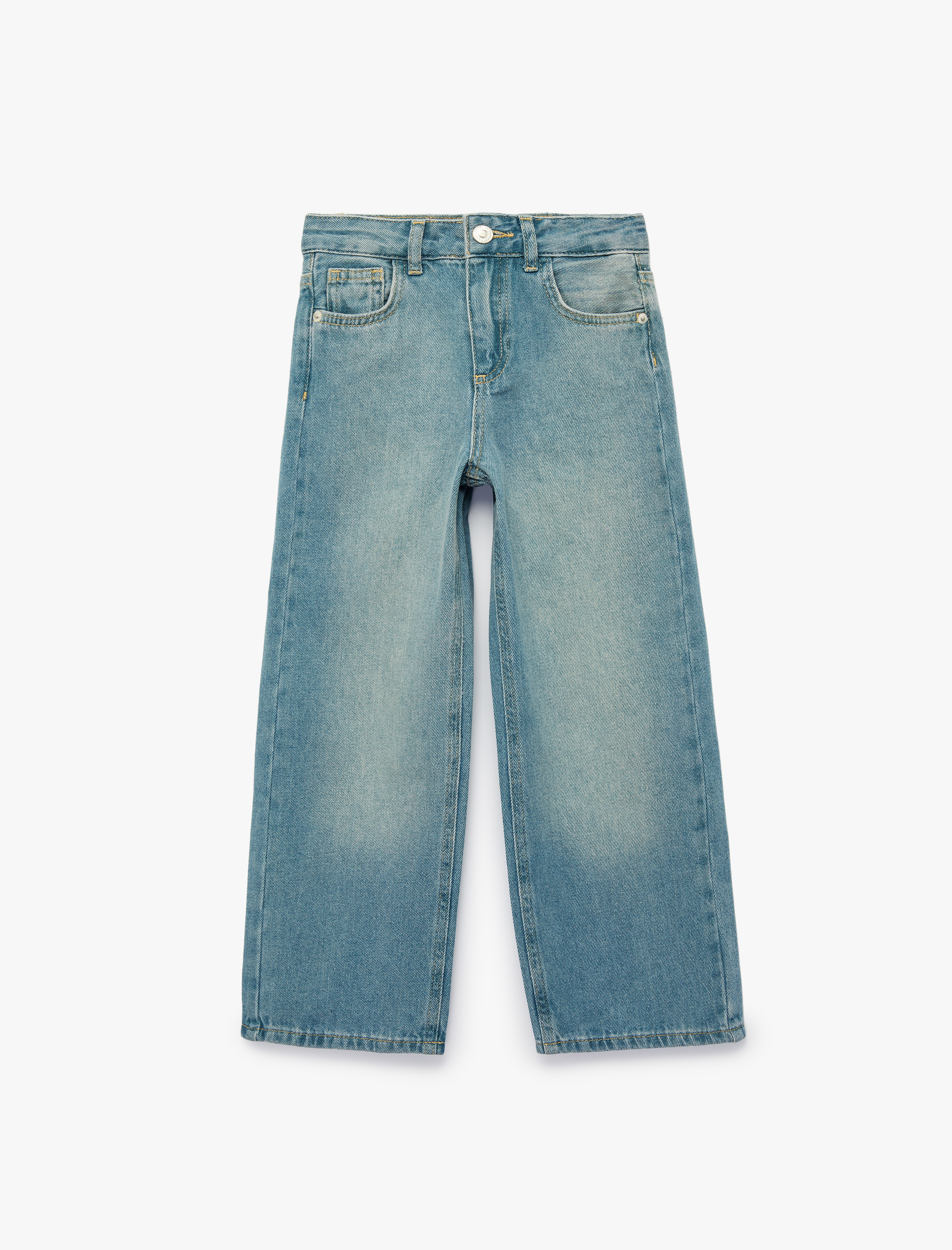 Kız Çocuk Pamuklu Cepli Loose Fit Geniş Paça Denim Pantolon
