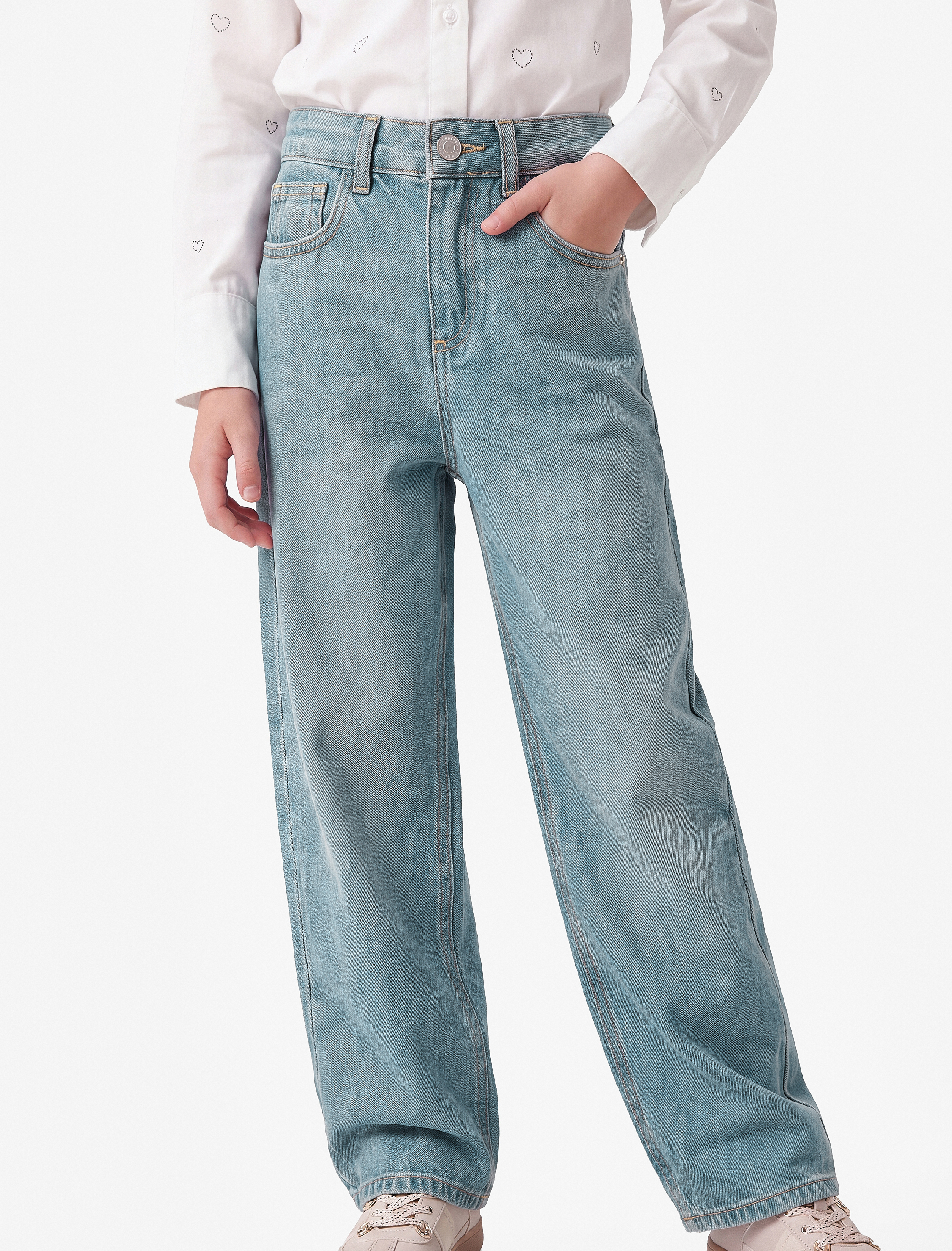  Kız Çocuk Pamuklu Cepli Loose Fit Geniş Paça Denim Pantolon