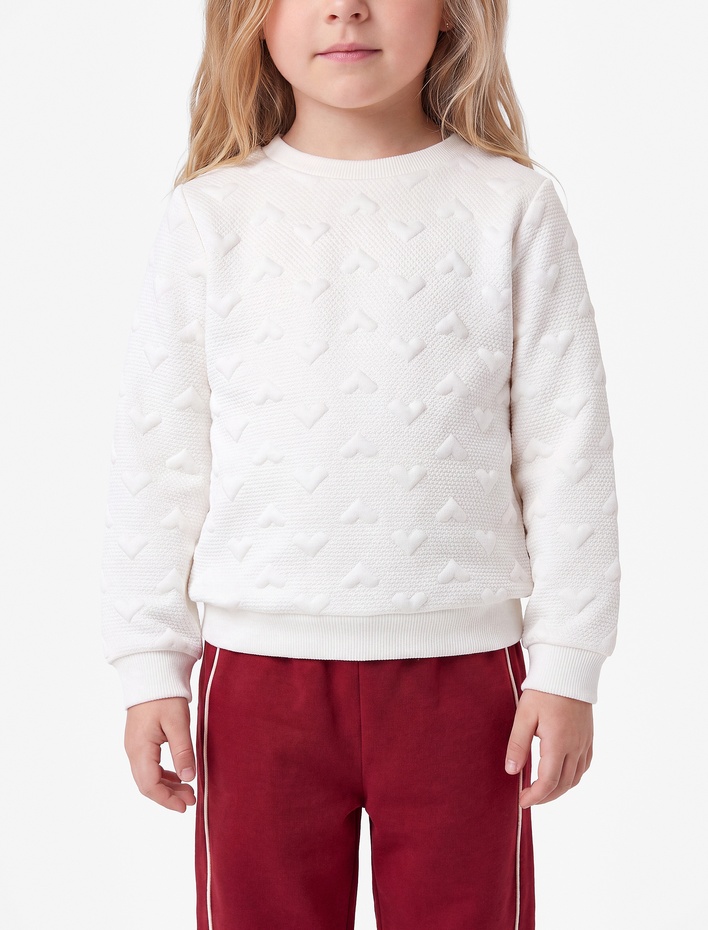 Kız Bebek Kalp Desenli Uzun Kollu Bisiklet Yaka Sweatshirt