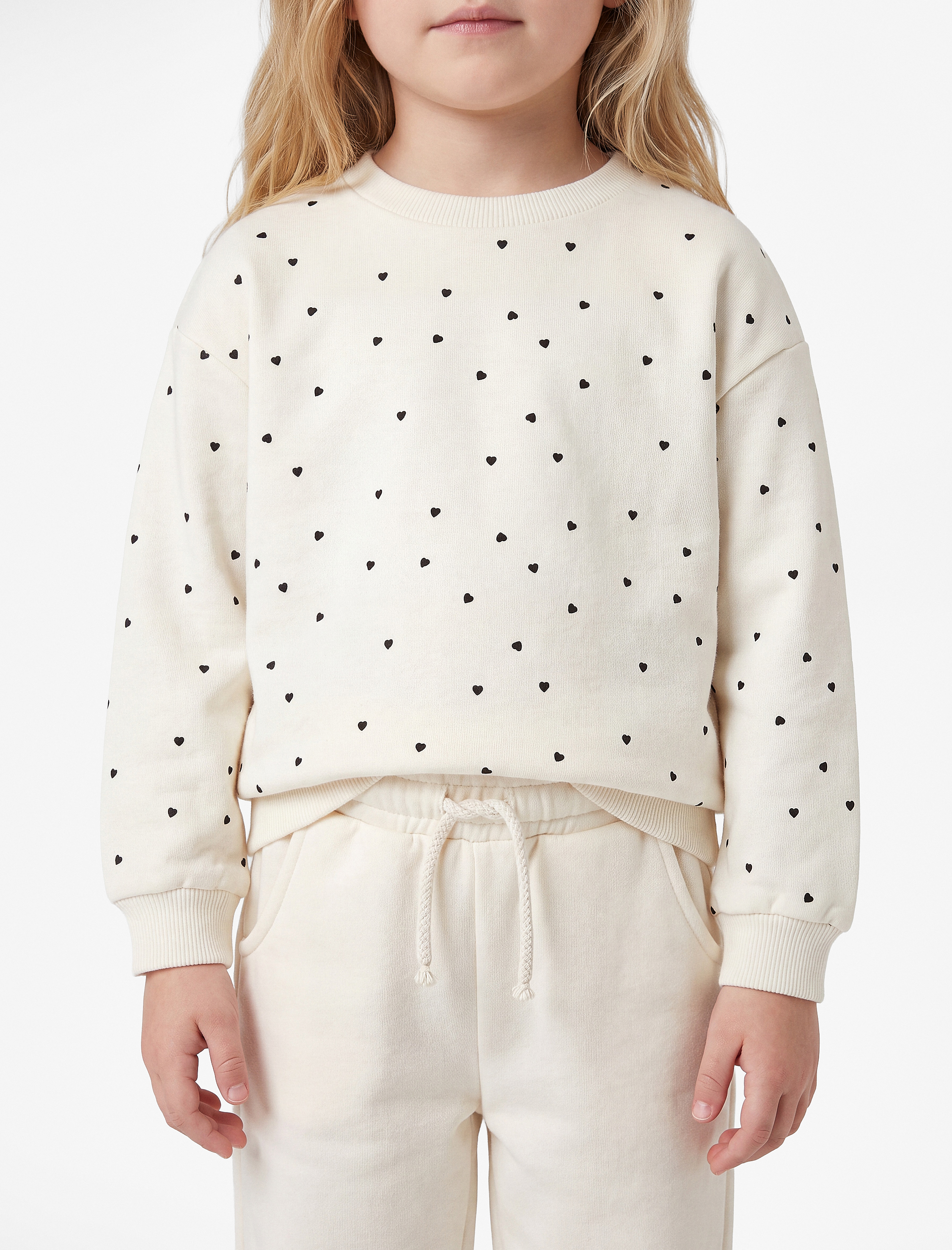  Kız Bebek Uzun Kollu Bisiklet Yaka Kalp Desenli Pamuklu Sweatshirt