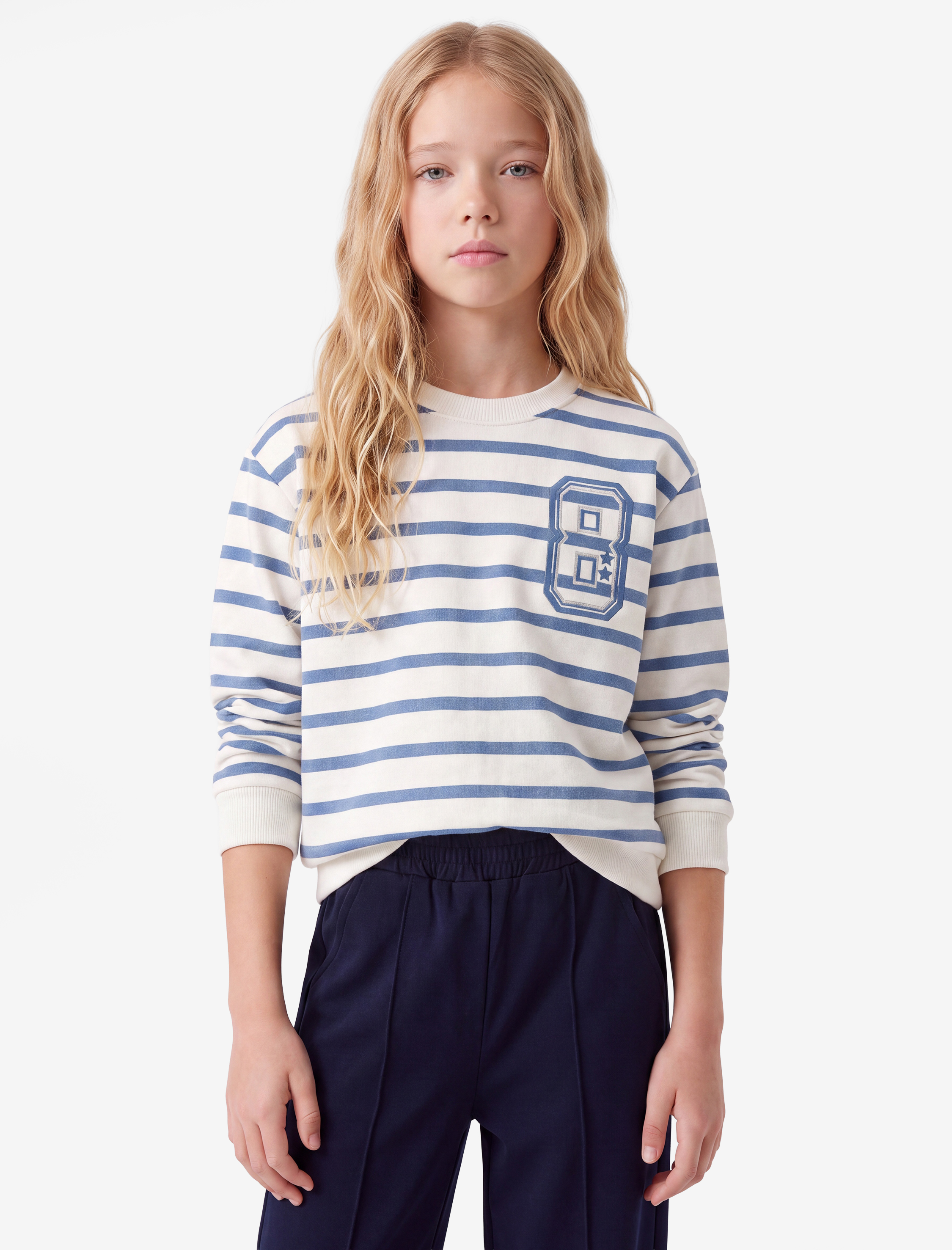  Kız Çocuk Uzun Kollu Bisiklet Yaka Baskı Detaylı Çizgili Sweatshirt