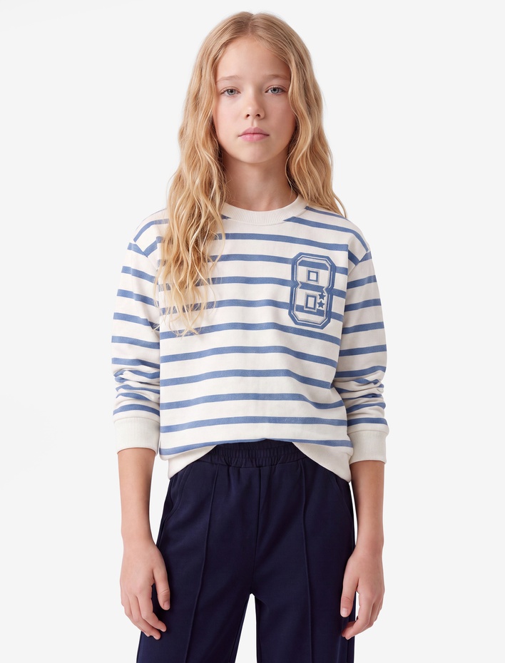 Kız Çocuk Uzun Kollu Bisiklet Yaka Baskı Detaylı Çizgili Sweatshirt