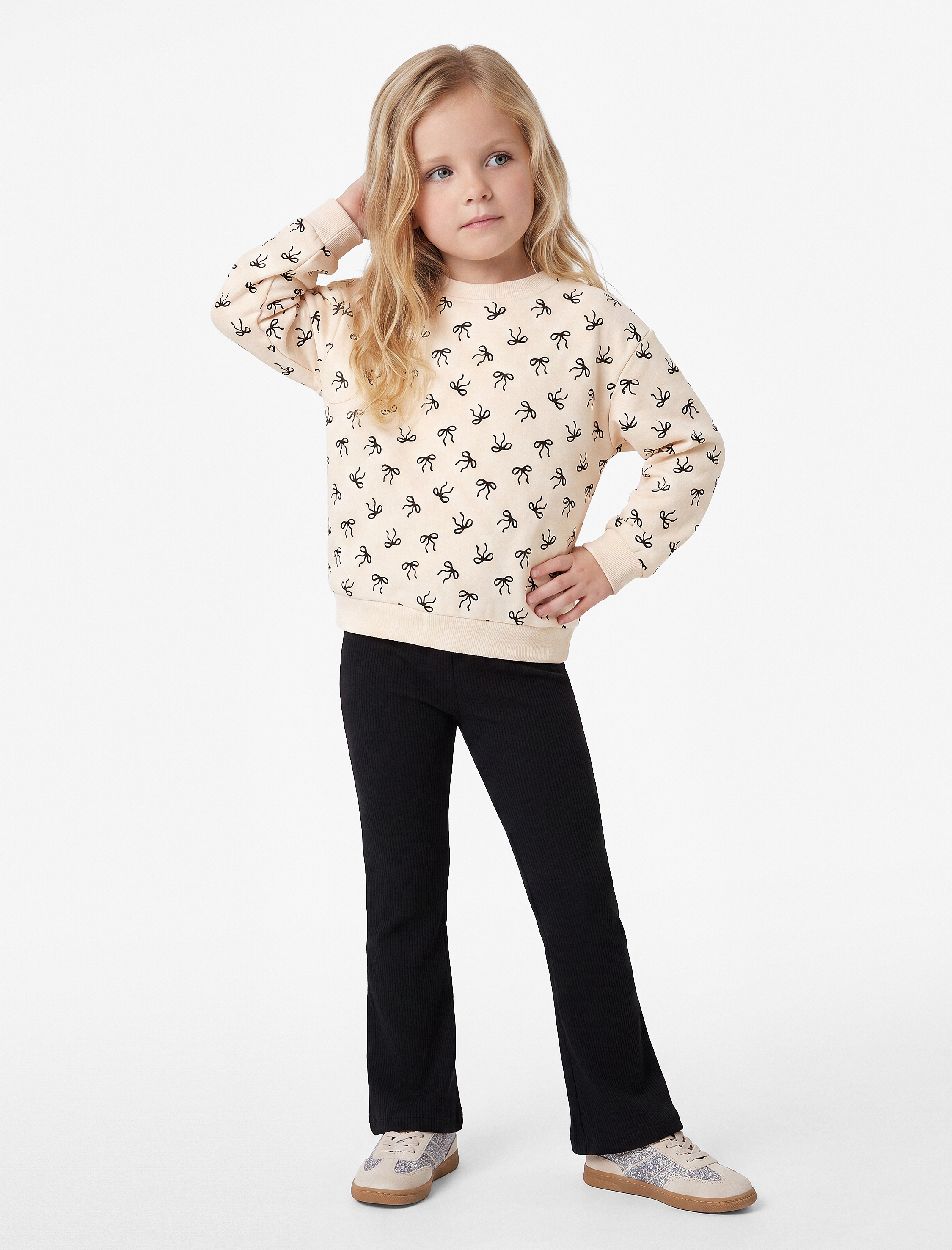  Kız Bebek Pamuklu Uzun Kollu Bisiklet Yaka Baskılı Şardonlu Fiyonklu Sweatshirt