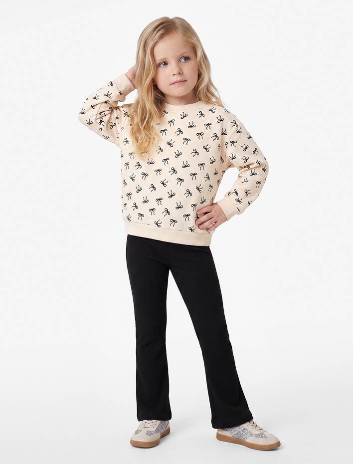 Kız Bebek Pamuklu Uzun Kollu Bisiklet Yaka Baskılı Şardonlu Fiyonklu Sweatshirt