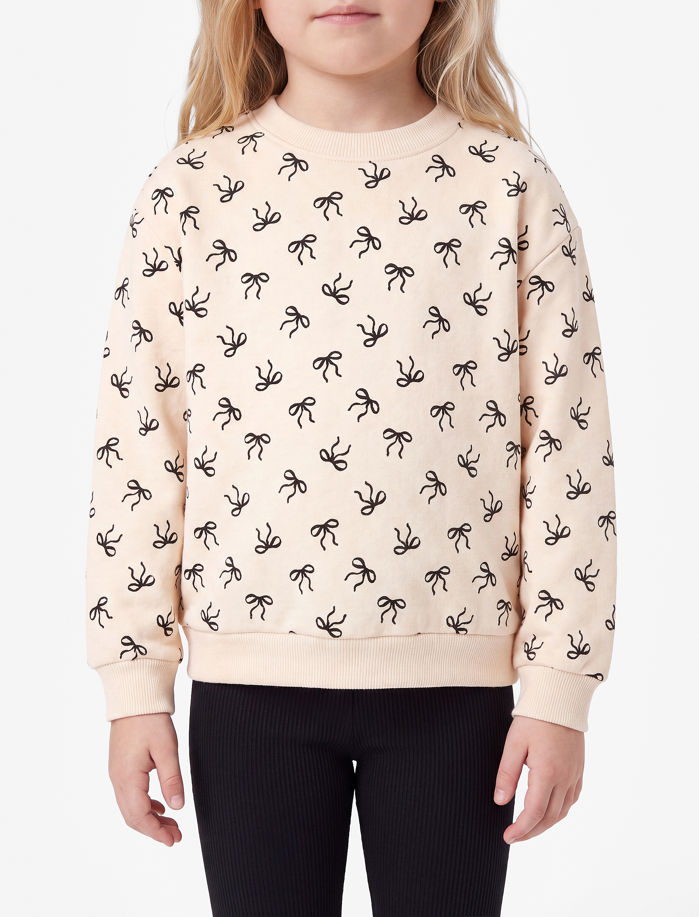  Kız Bebek Pamuklu Uzun Kollu Bisiklet Yaka Baskılı Şardonlu Fiyonklu Sweatshirt