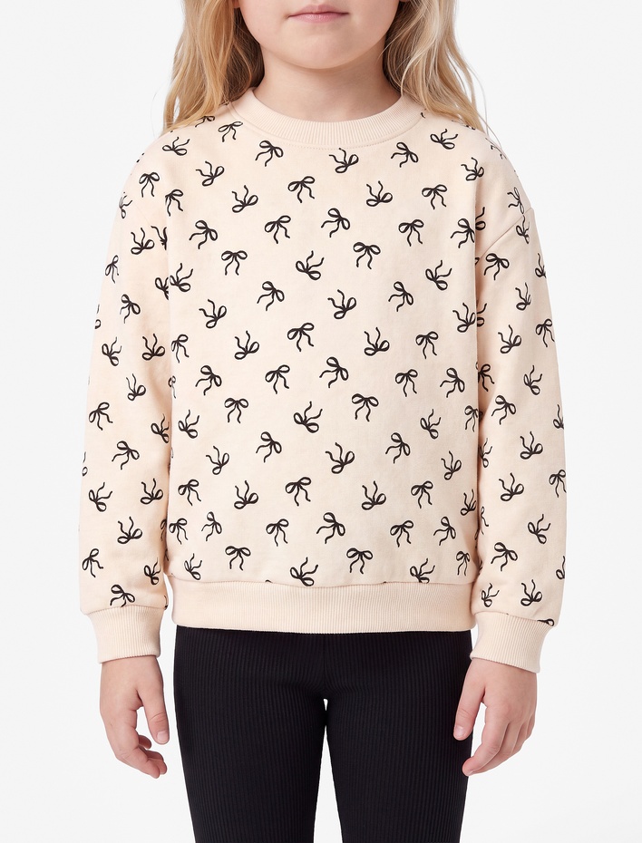 Kız Bebek Pamuklu Uzun Kollu Bisiklet Yaka Baskılı Şardonlu Fiyonklu Sweatshirt