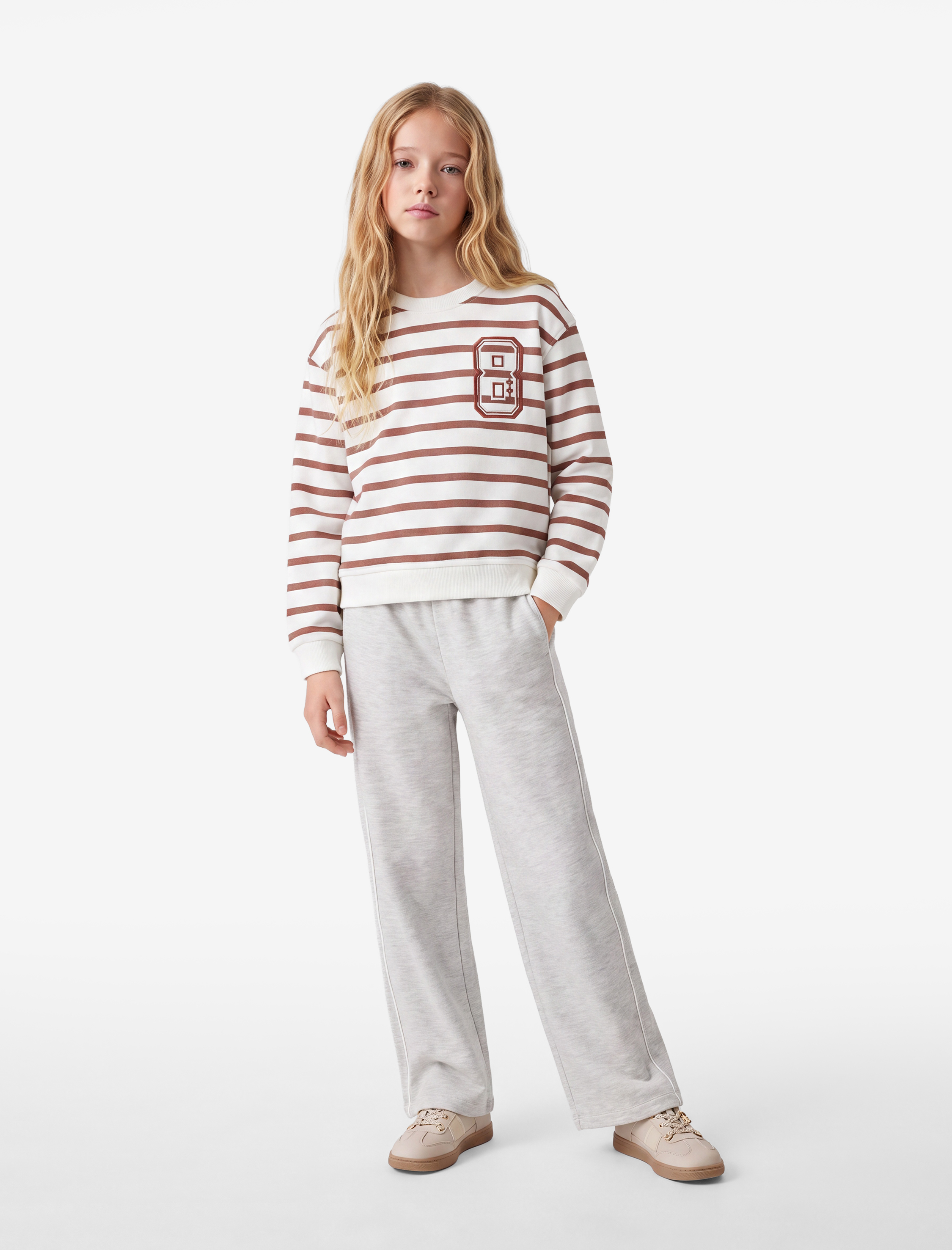  Kız Çocuk Uzun Kollu Bisiklet Yaka Baskı Detaylı Çizgili Sweatshirt