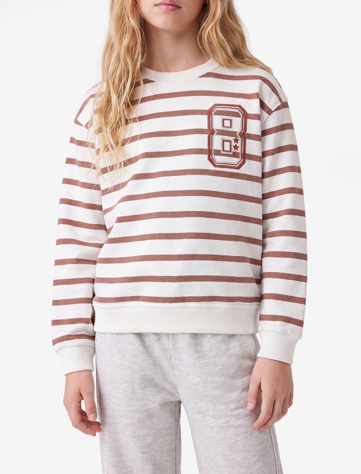 Kız Çocuk Uzun Kollu Bisiklet Yaka Baskı Detaylı Çizgili Sweatshirt