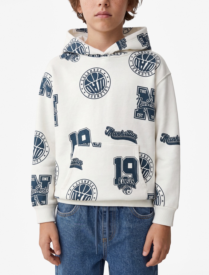 Erkek Çocuk Pamuklu Baskı Detaylı Şardonlu Uzun Kollu Kapşonlu Oversize Sweatshirt