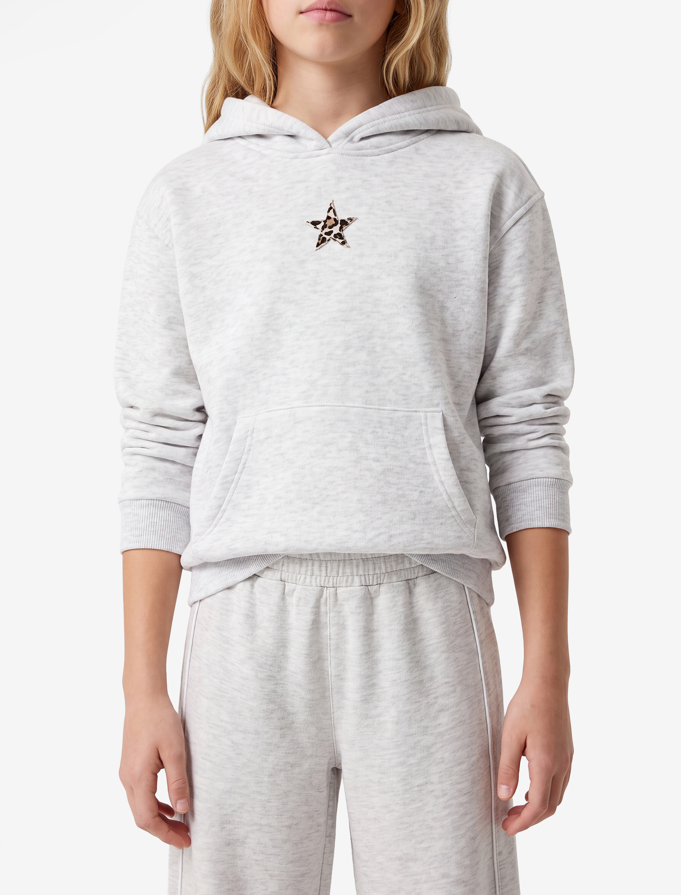  Kız Çocuk Yıldız Detaylı Şardonlu Kanguru Cepli Uzun Kollu Kapşonlu Sweatshirt