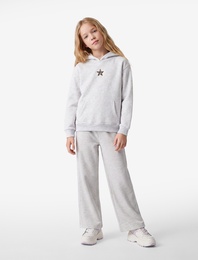 Yıldız Detaylı Şardonlu Kanguru Cepli Uzun Kollu Kapşonlu Sweatshirt