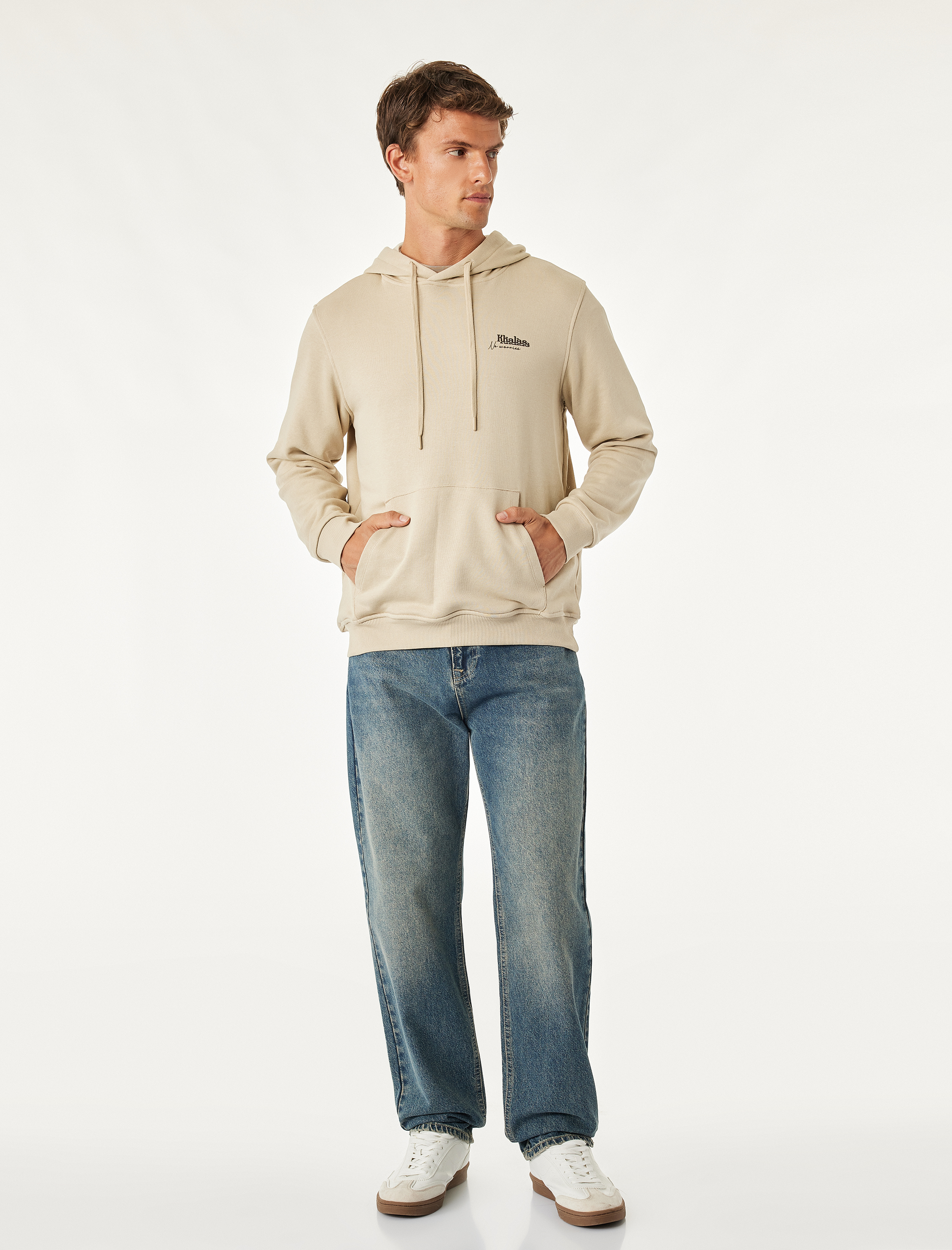   Üç İplik Uzun Kollu Baskılı Kapşonlu Sweatshirt