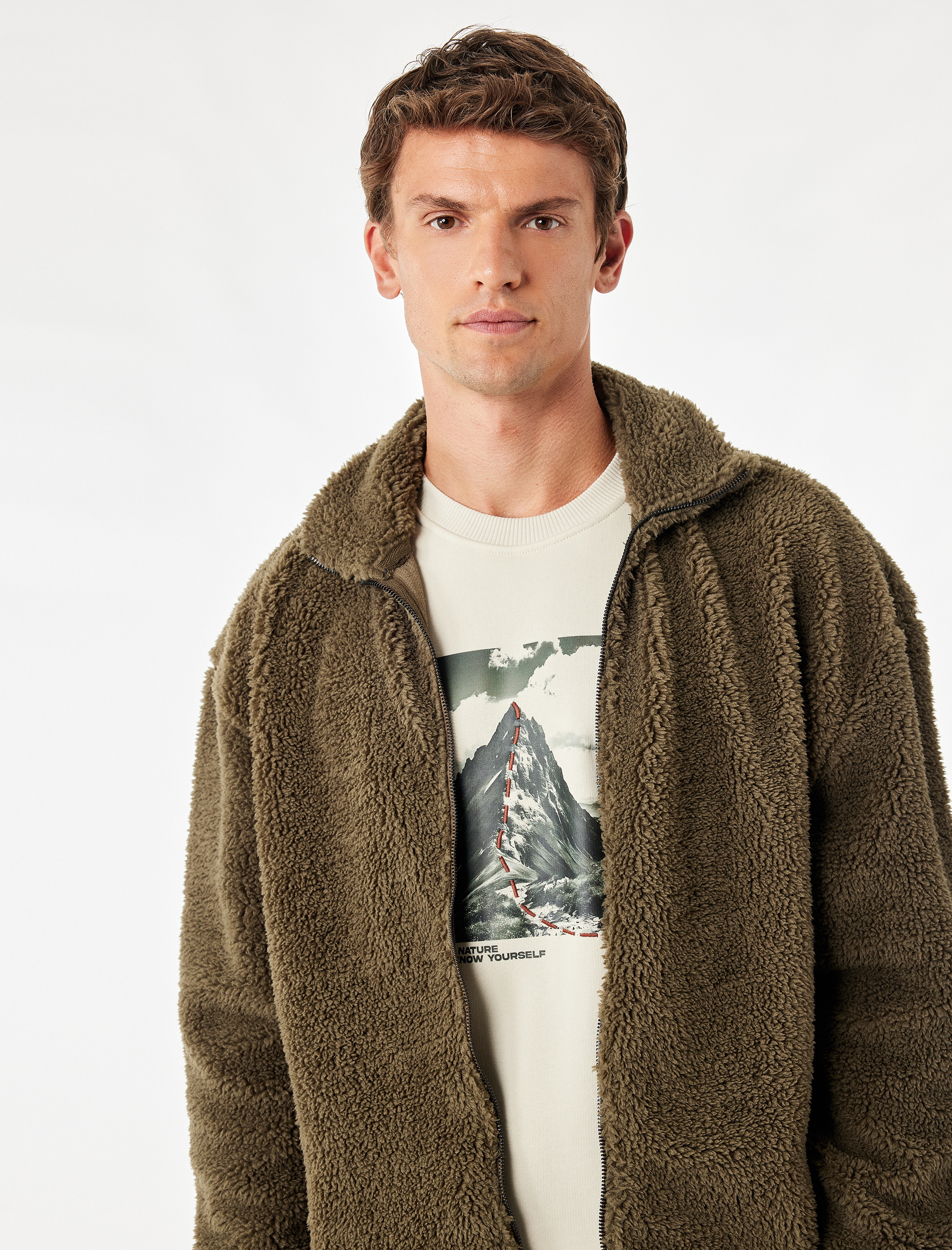   Regular Fit Fermuarlı Cepli Dik Yaka Uzun Kollu Peluş Ceket
