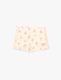 Beli Lastikli Rahat Kalıp Çiçek Desenli Saten Şort Pijama Altı
