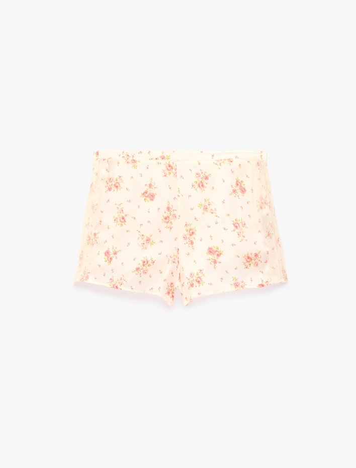  Beli Lastikli Rahat Kalıp Çiçek Desenli Saten Şort Pijama Altı