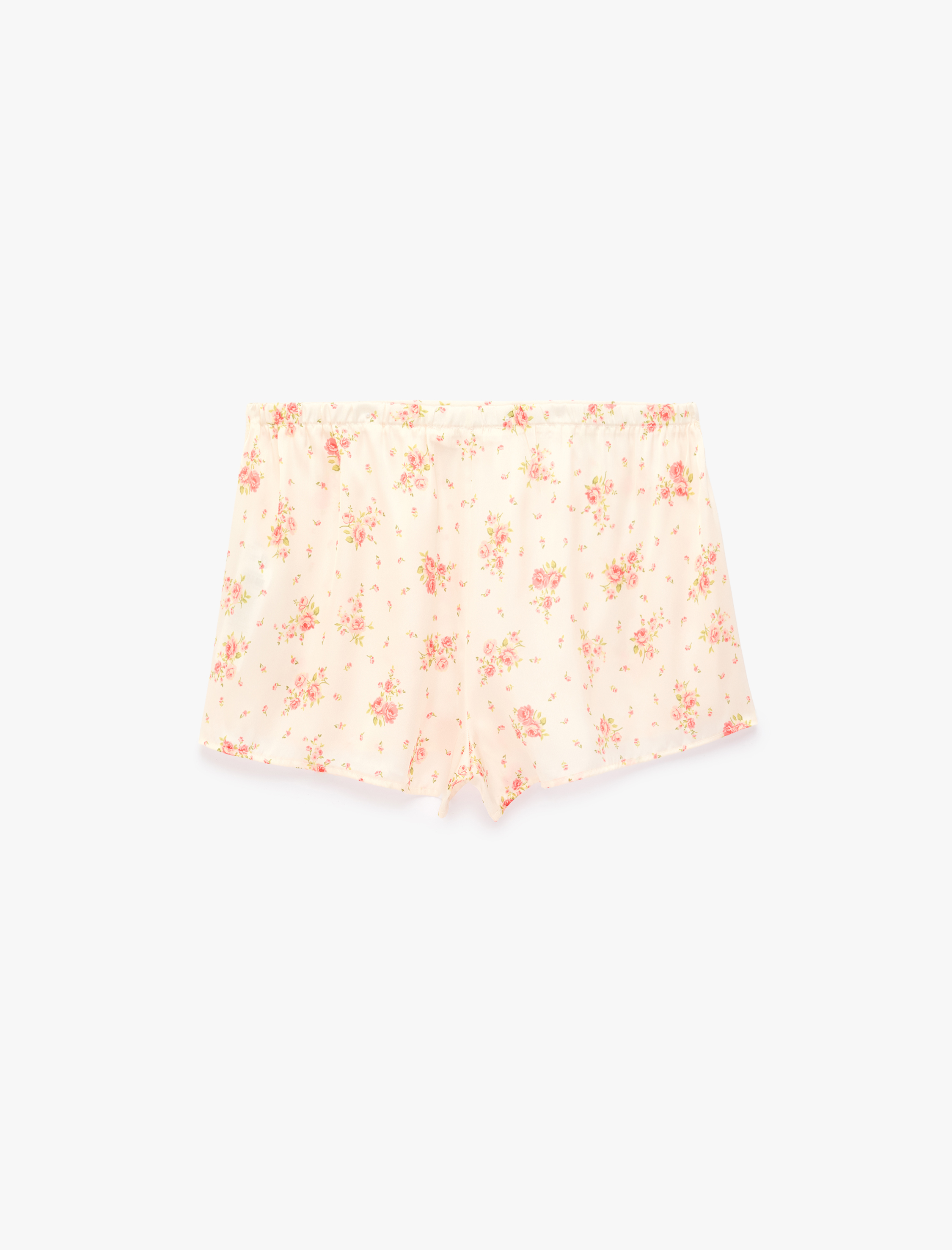   Beli Lastikli Rahat Kalıp Çiçek Desenli Saten Şort Pijama Altı
