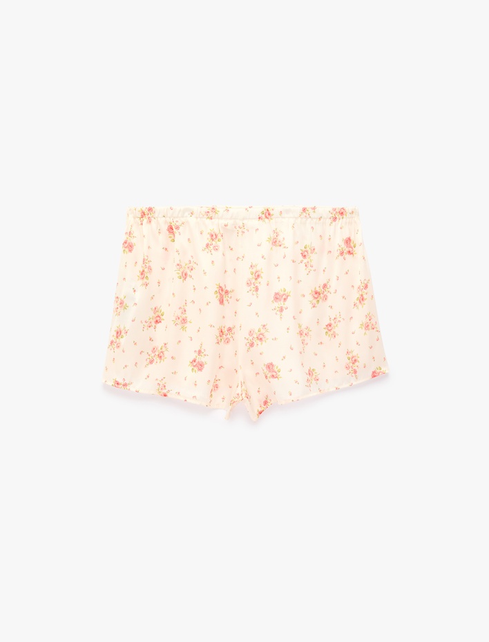  Beli Lastikli Rahat Kalıp Çiçek Desenli Saten Şort Pijama Altı