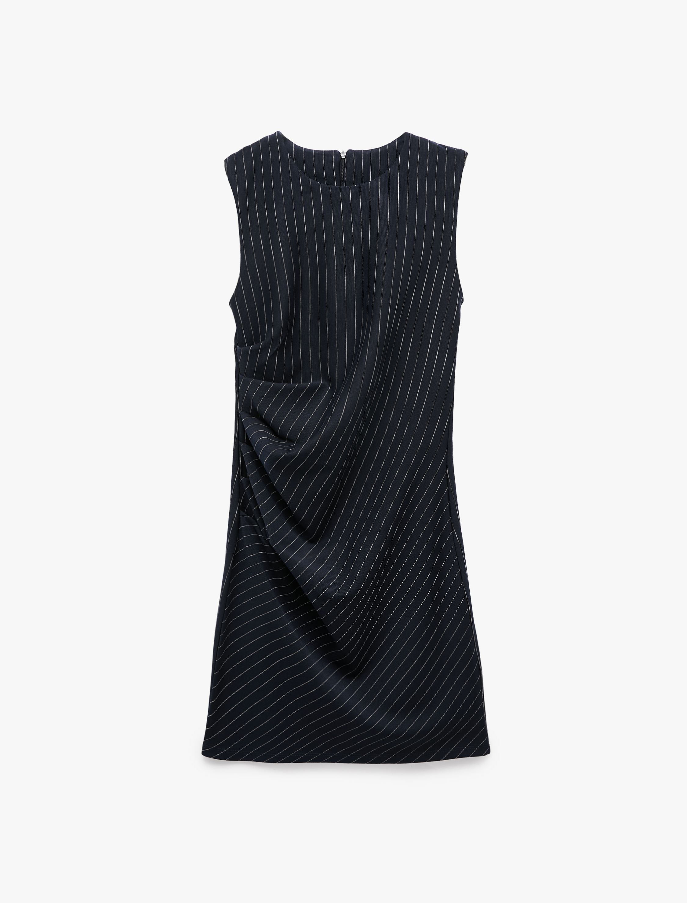   Drapeli Slim Fit Bisiklet Yaka Kolsuz Çizgili Mini Elbise