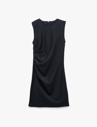 Drapeli Slim Fit Bisiklet Yaka Kolsuz Çizgili Mini Elbise