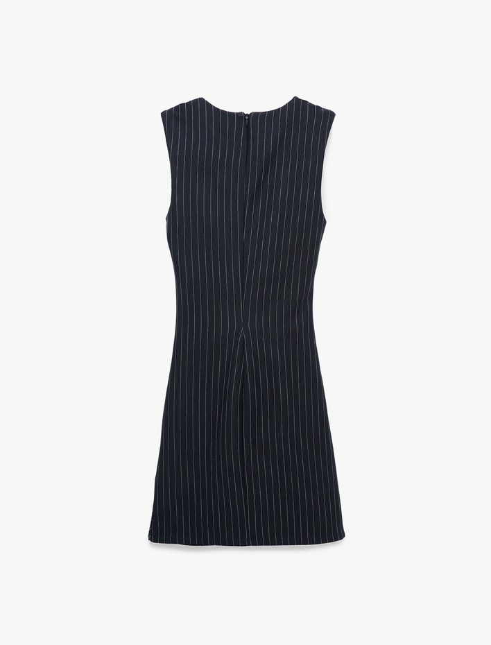  Drapeli Slim Fit Bisiklet Yaka Kolsuz Çizgili Mini Elbise
