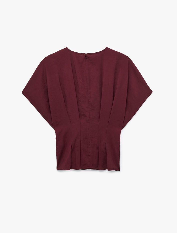  Viskon Modal Kumaş Pileli Slim Fit Bel Vurgulu Bisiklet Yaka Kısa Kollu Bluz
