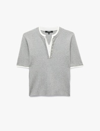 Regular Fit Kısa Kollu Katmanlı Henley Yaka Düğmeli Triko Kazak