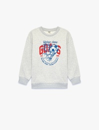 Şardonlu Uzun Kollu Bisiklet Yaka Baskılı Sweatshirt