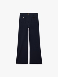 Yüksek Bel Metal Düğme Aksesuarlı Cepli Regular Fit Geniş Paça Pantolon