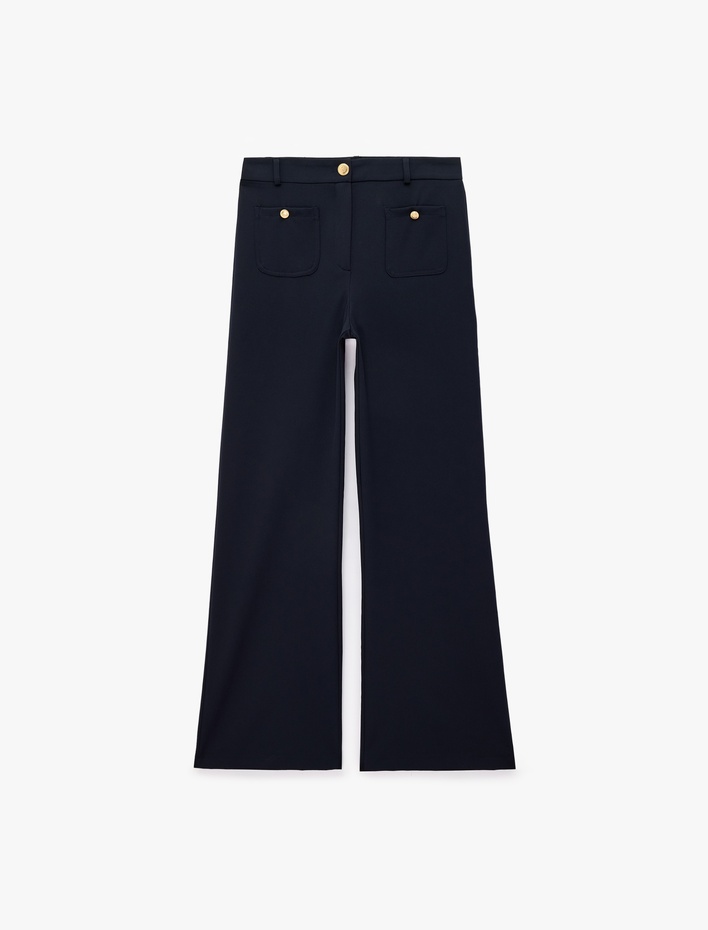  Yüksek Bel Metal Düğme Aksesuarlı Cepli Regular Fit Geniş Paça Pantolon
