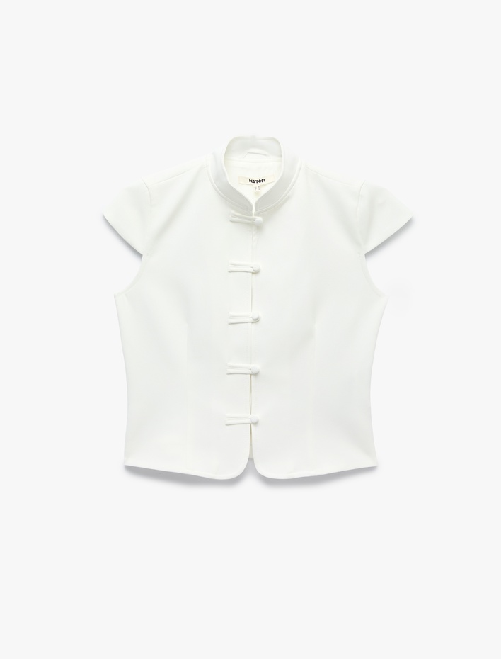  Slim Fit Kap Kol Süslü Düğmeli Dik Mandarin Yaka Gömlek Napolyon Kapama Detaylı