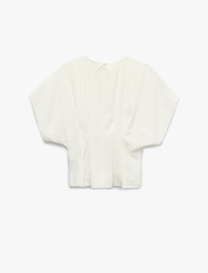  Viskon Modal Kumaş Pileli Slim Fit Bel Vurgulu Bisiklet Yaka Kısa Kollu Bluz