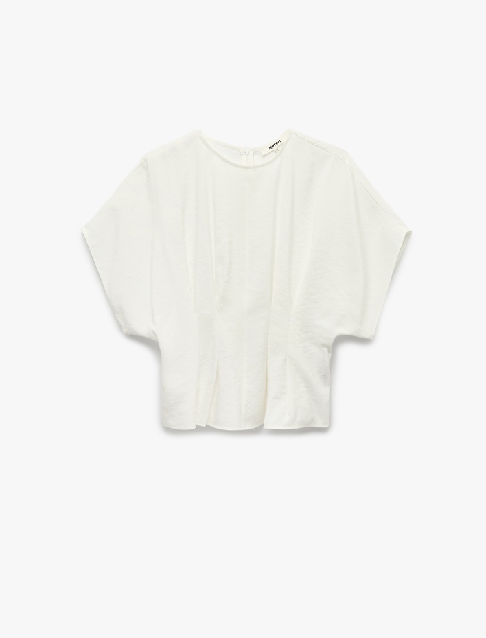  Viskon Modal Kumaş Pileli Slim Fit Bel Vurgulu Bisiklet Yaka Kısa Kollu Bluz