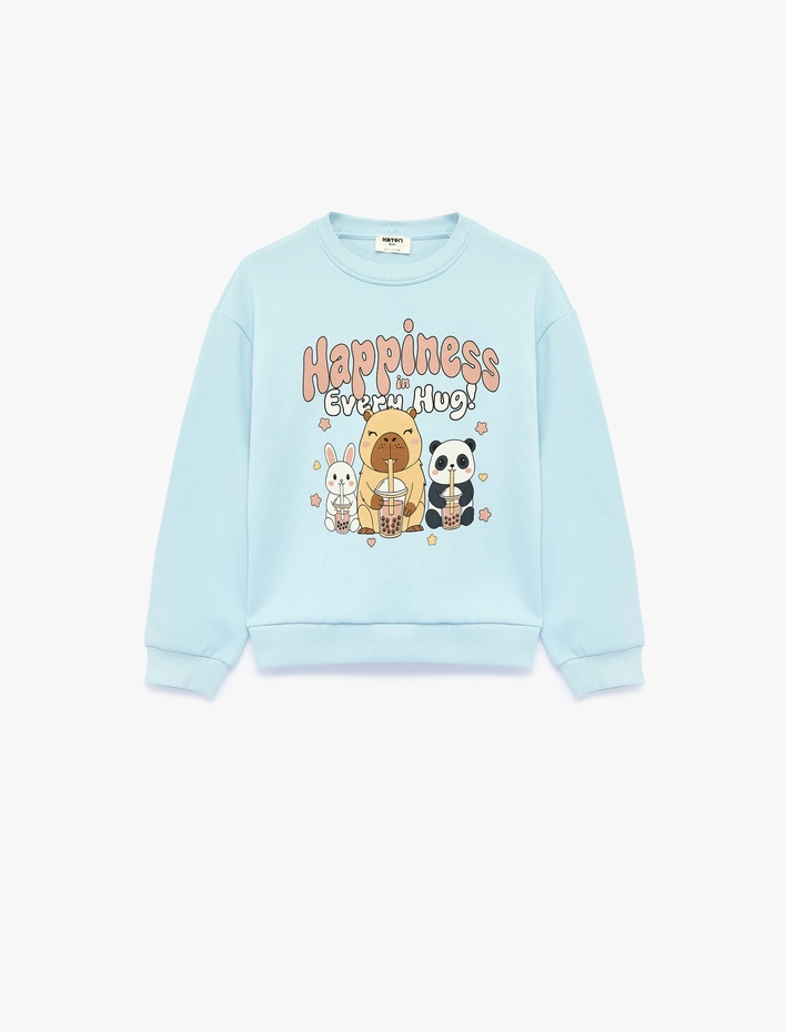 Kız Çocuk Uzun Kollu Bisiklet Yaka Şardonlu Baskılı Sweatshirt