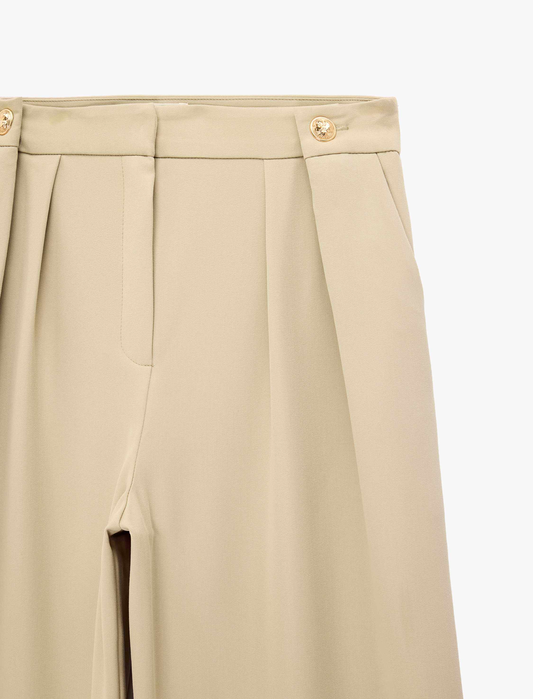   Yüksek Bel Kat Detaylı Metal Aksesuarlı Regular Fit Geniş Paça Pantolon