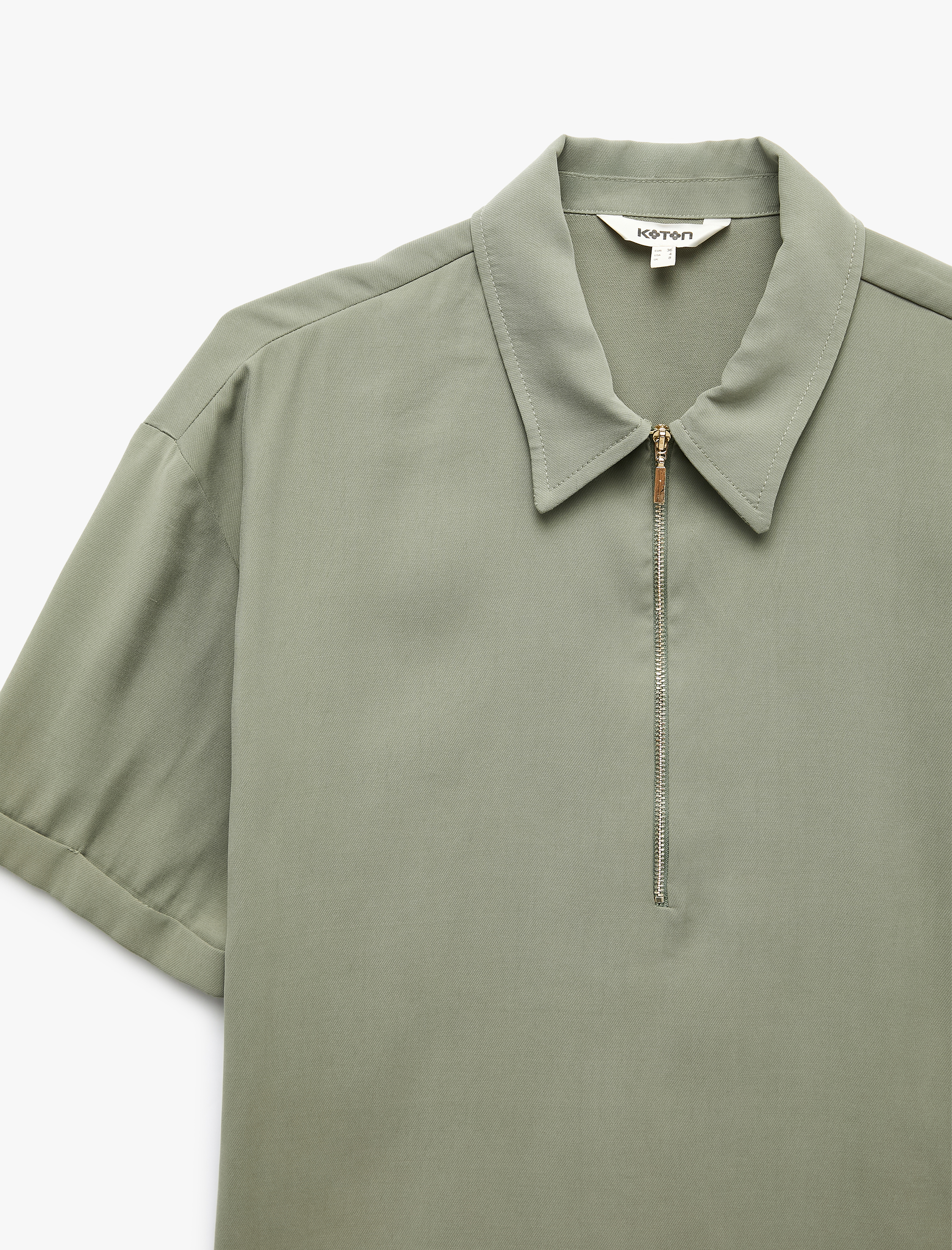   Cupro Kumaş Gömlek Yaka Yarım Fermuarlı Kısa Kollu Oversize Bluz
