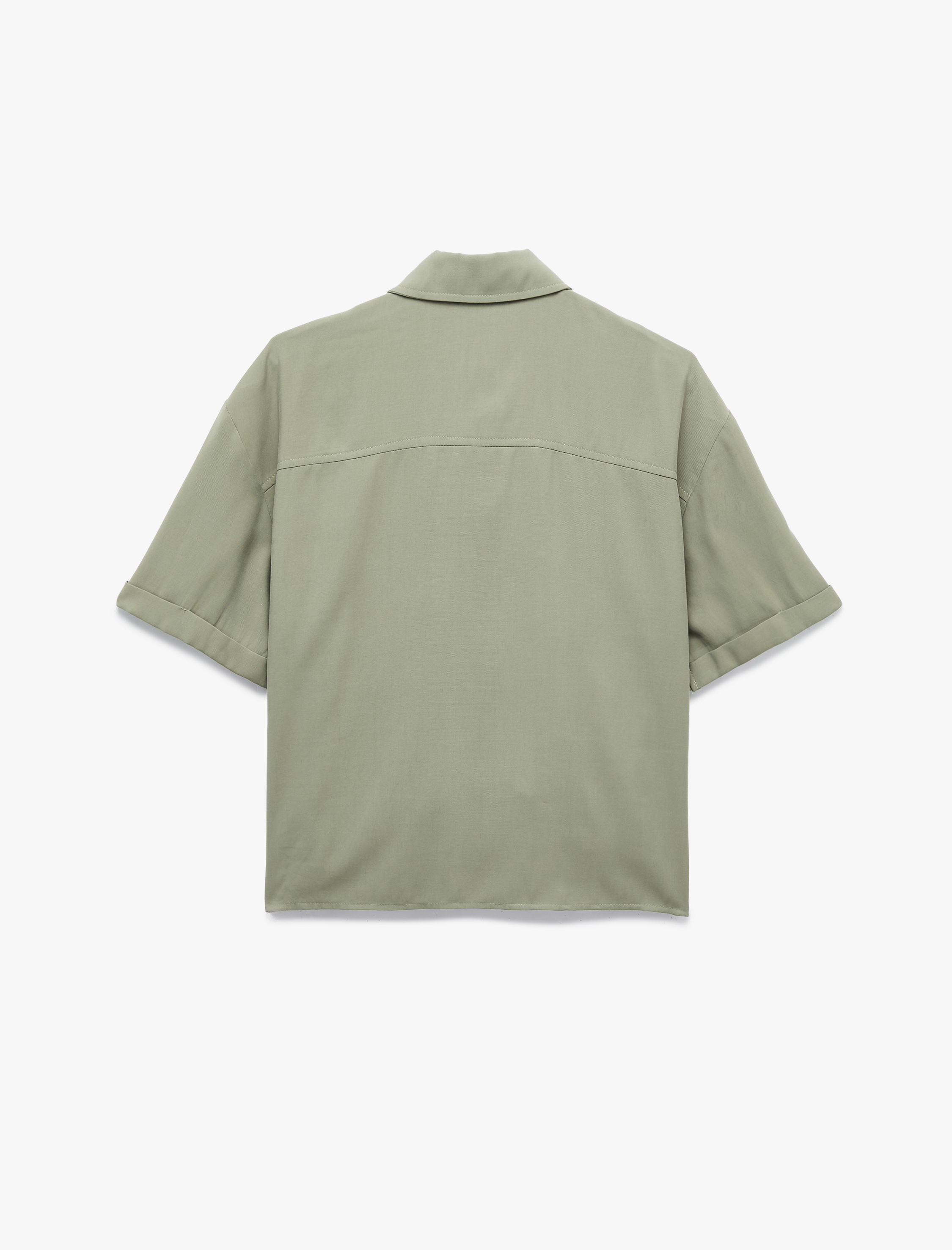   Cupro Kumaş Gömlek Yaka Yarım Fermuarlı Kısa Kollu Oversize Bluz