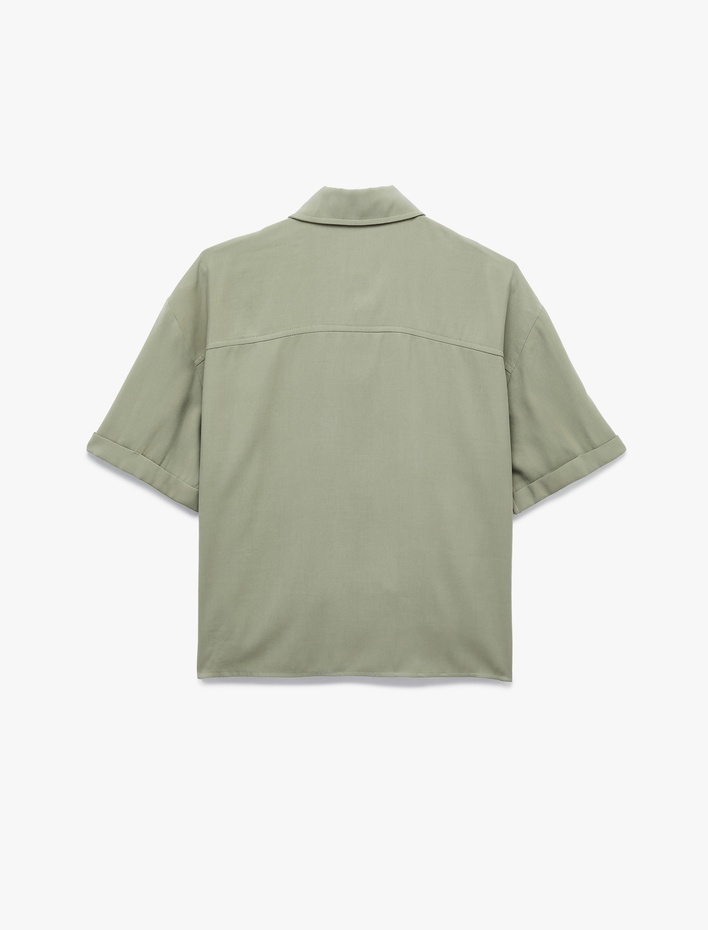  Cupro Kumaş Gömlek Yaka Yarım Fermuarlı Kısa Kollu Oversize Bluz