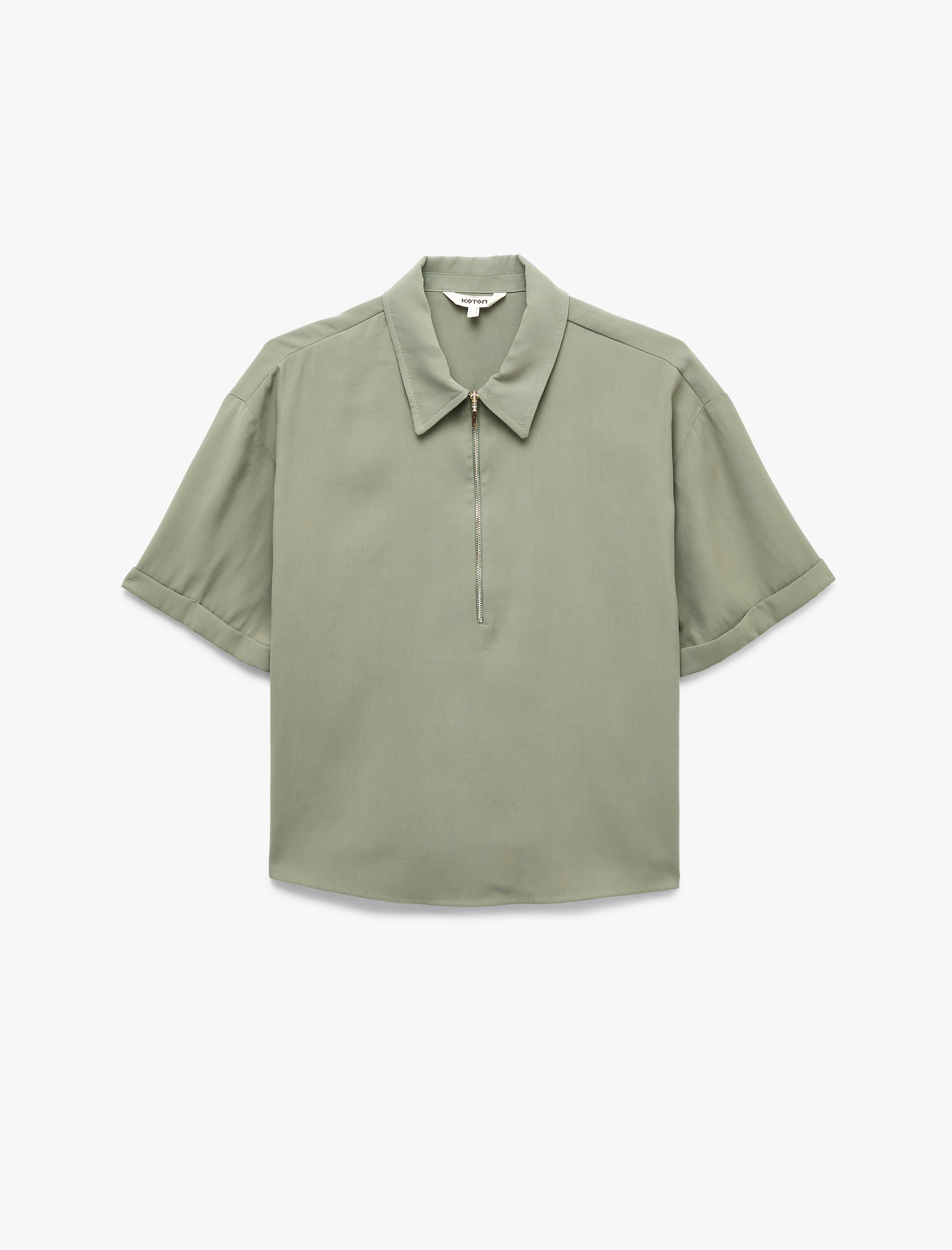   Cupro Kumaş Gömlek Yaka Yarım Fermuarlı Kısa Kollu Oversize Bluz