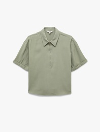 Cupro Kumaş Gömlek Yaka Yarım Fermuarlı Kısa Kollu Oversize Bluz