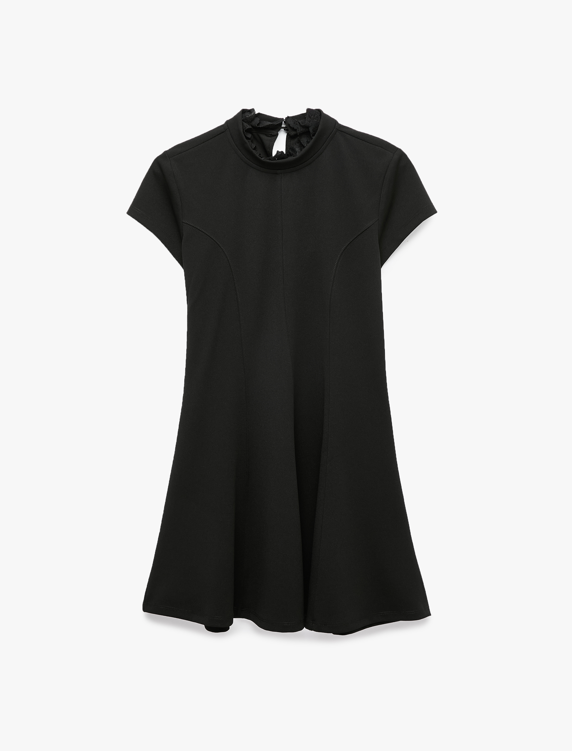   Krep Scuba Slim Fit A Kesim Dik Yaka Dantel Detaylı Kısa Kollu Mini Elbise