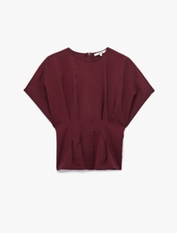 Viskon Modal Kumaş Pileli Slim Fit Bel Vurgulu Bisiklet Yaka Kısa Kollu Bluz