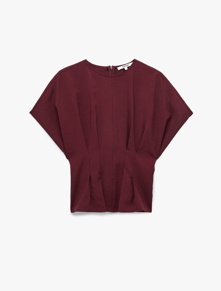  Viskon Modal Kumaş Pileli Slim Fit Bel Vurgulu Bisiklet Yaka Kısa Kollu Bluz