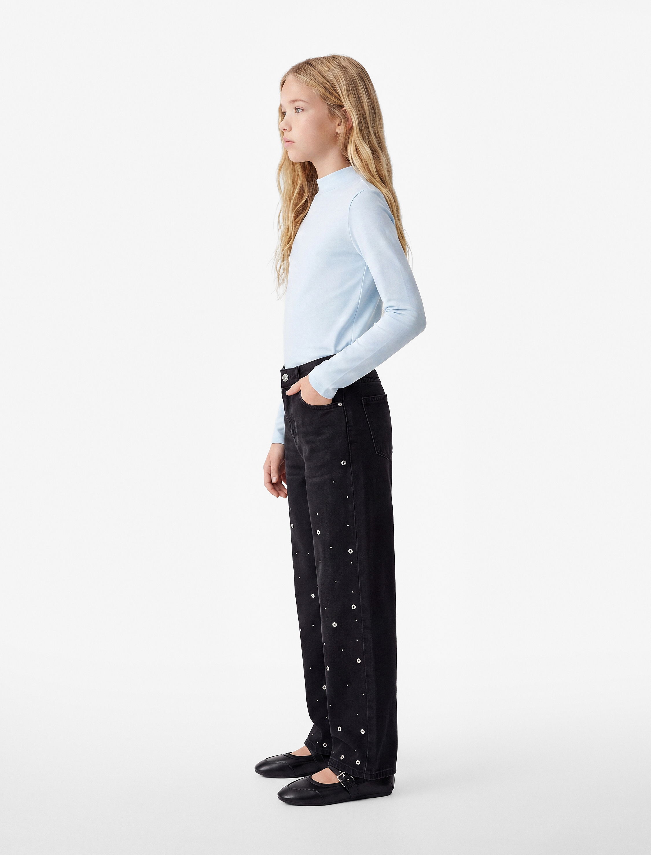  Kız Çocuk Dik Yaka Modal Karışımlı Uzun Kollu Slim Fit Tişört