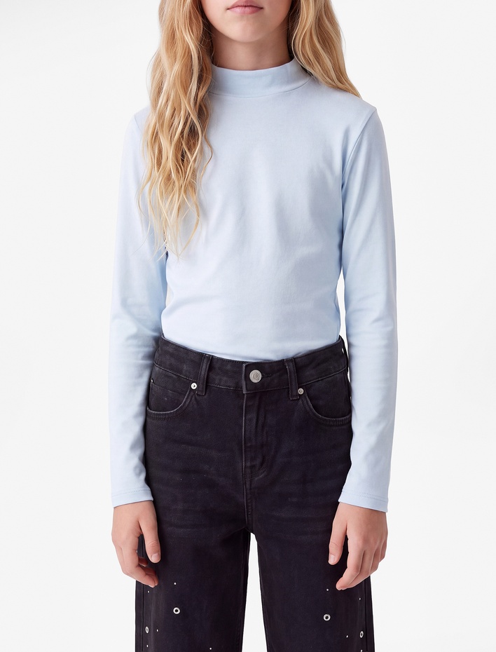 Kız Çocuk Dik Yaka Modal Karışımlı Uzun Kollu Slim Fit Tişört