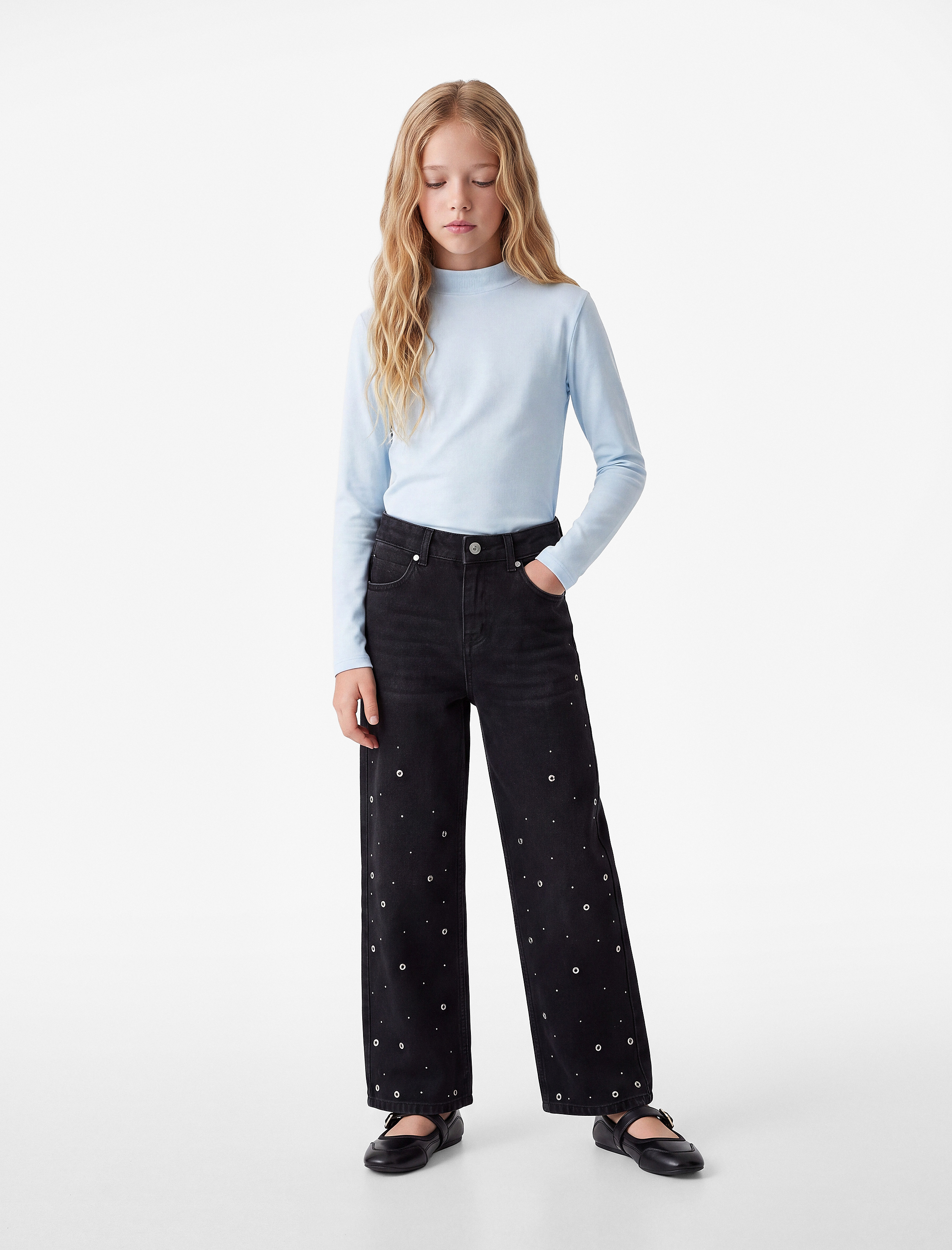  Kız Çocuk Dik Yaka Modal Karışımlı Uzun Kollu Slim Fit Tişört