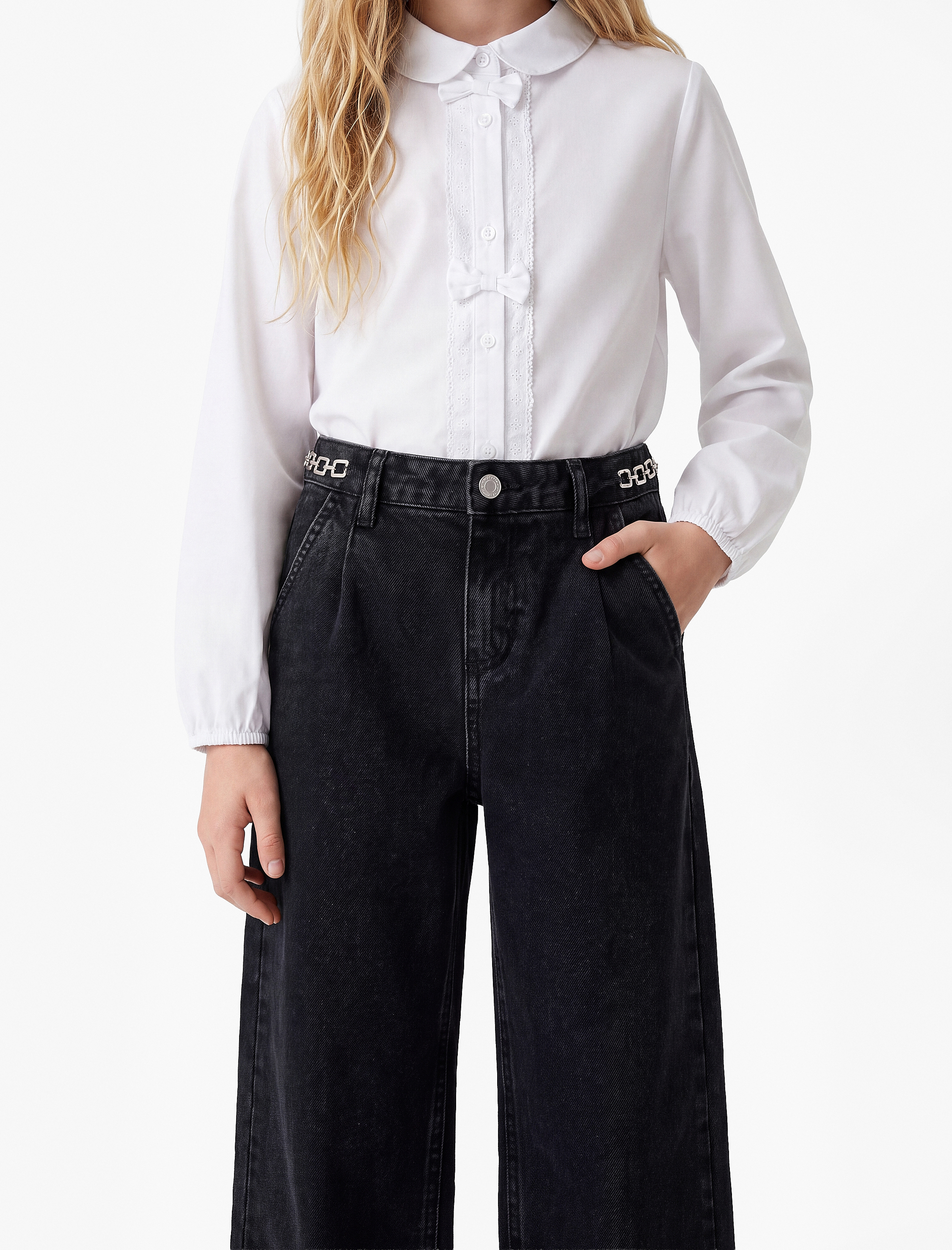  Kız Çocuk Pamuklu Zincir Detaylı Geniş Paça Denim Pantolon